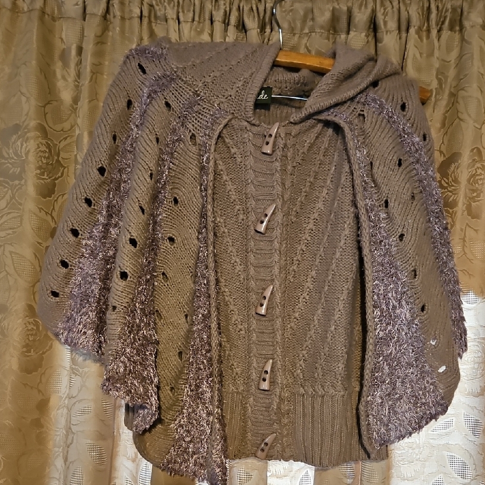 Chic Taupe Knit Poncho with Hood